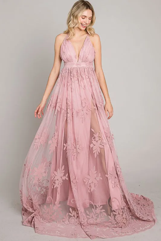 Mauve Velvet Print Maxi Dress
