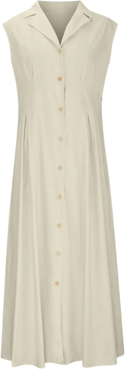 Maxi Dresses for Women 2025 Summer Elegant Linen Dress Sleeveless Button V Neck Collar Casual Beach Long Dresses