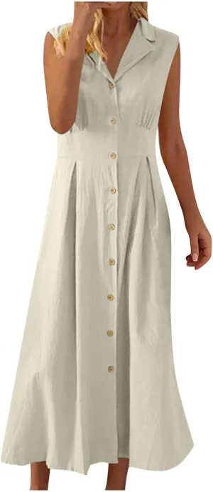 Maxi Dresses for Women 2025 Summer Elegant Linen Dress Sleeveless Button V Neck Collar Casual Beach Long Dresses