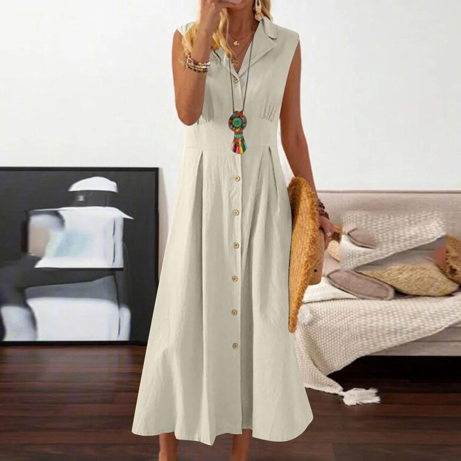 Maxi Dresses for Women 2025 Summer Elegant Linen Dress Sleeveless Button V Neck Collar Casual Beach Long Dresses