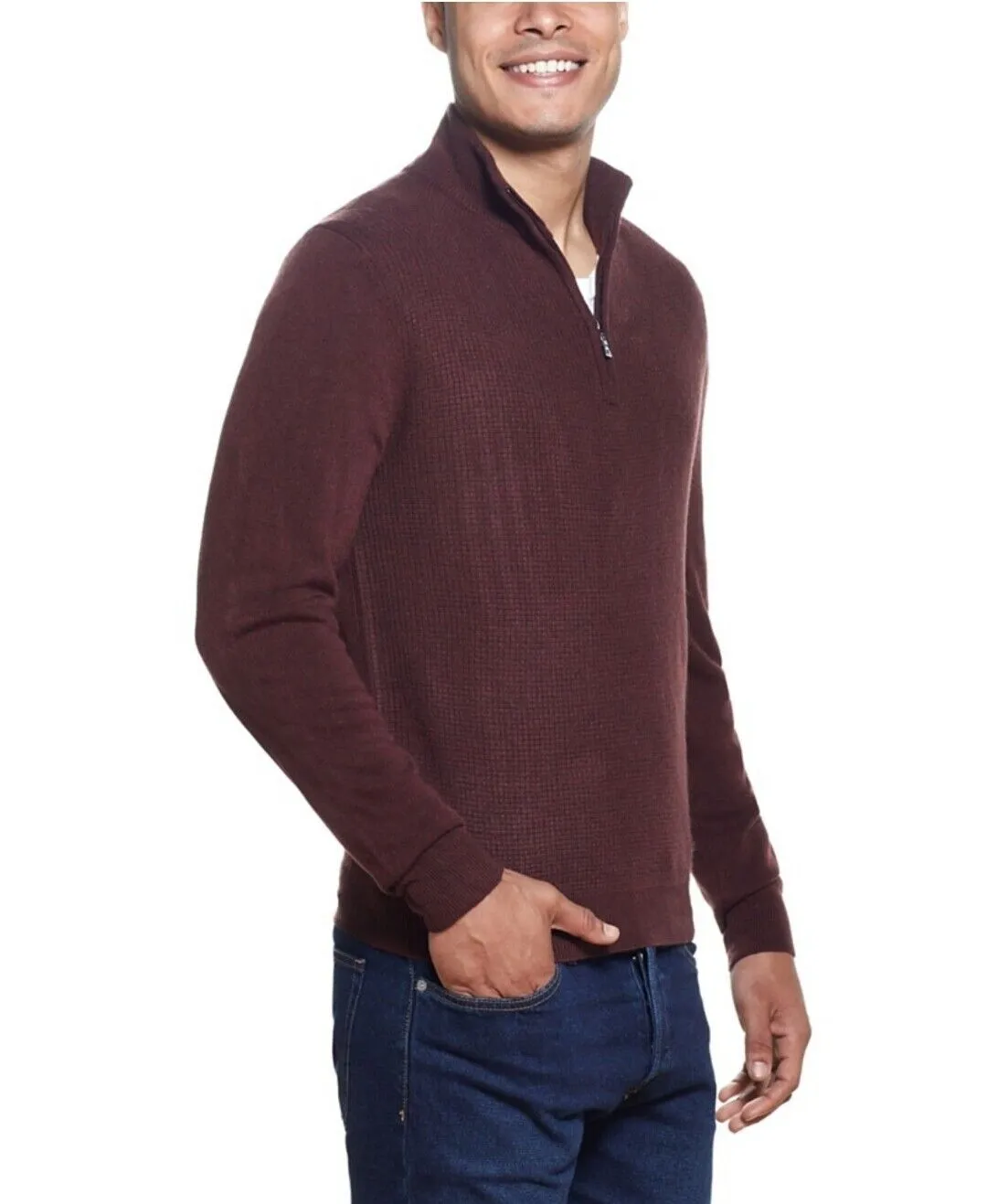 Men's Soft Touch Waffle Sweater Oxblood Zip Long Sleeve
