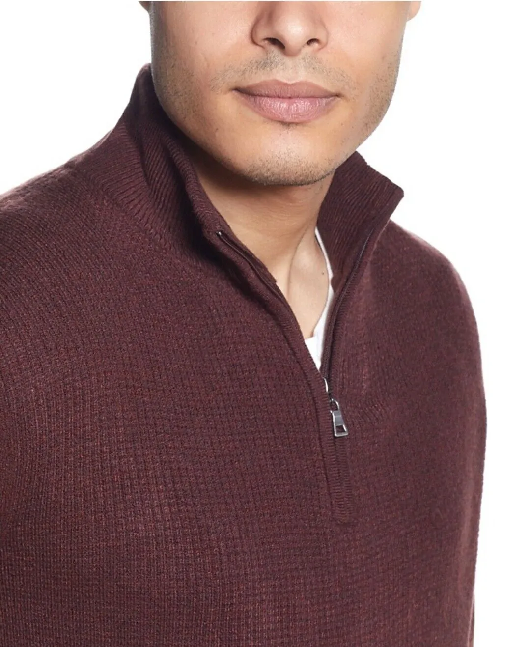 Men's Soft Touch Waffle Sweater Oxblood Zip Long Sleeve