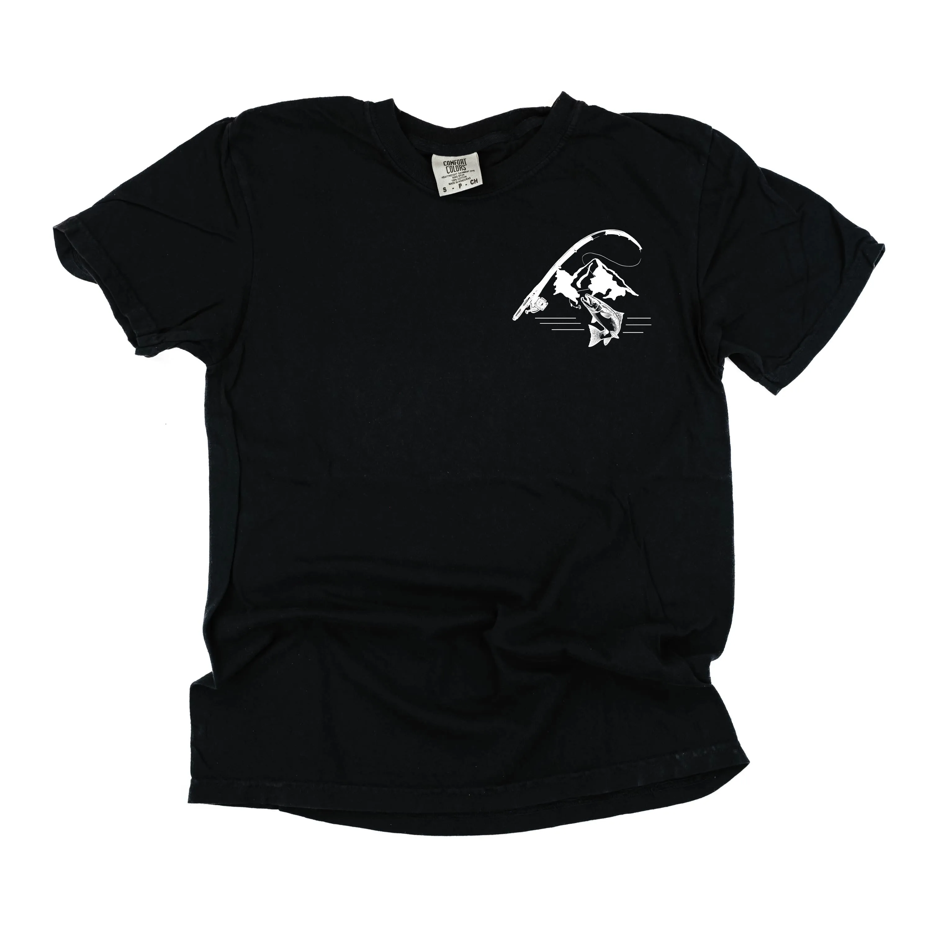 Mountain Fish & Pole Pocket Design on Front w/ FISH ON on Back - SHORT SLEEVE COMFORT COLORS TEE