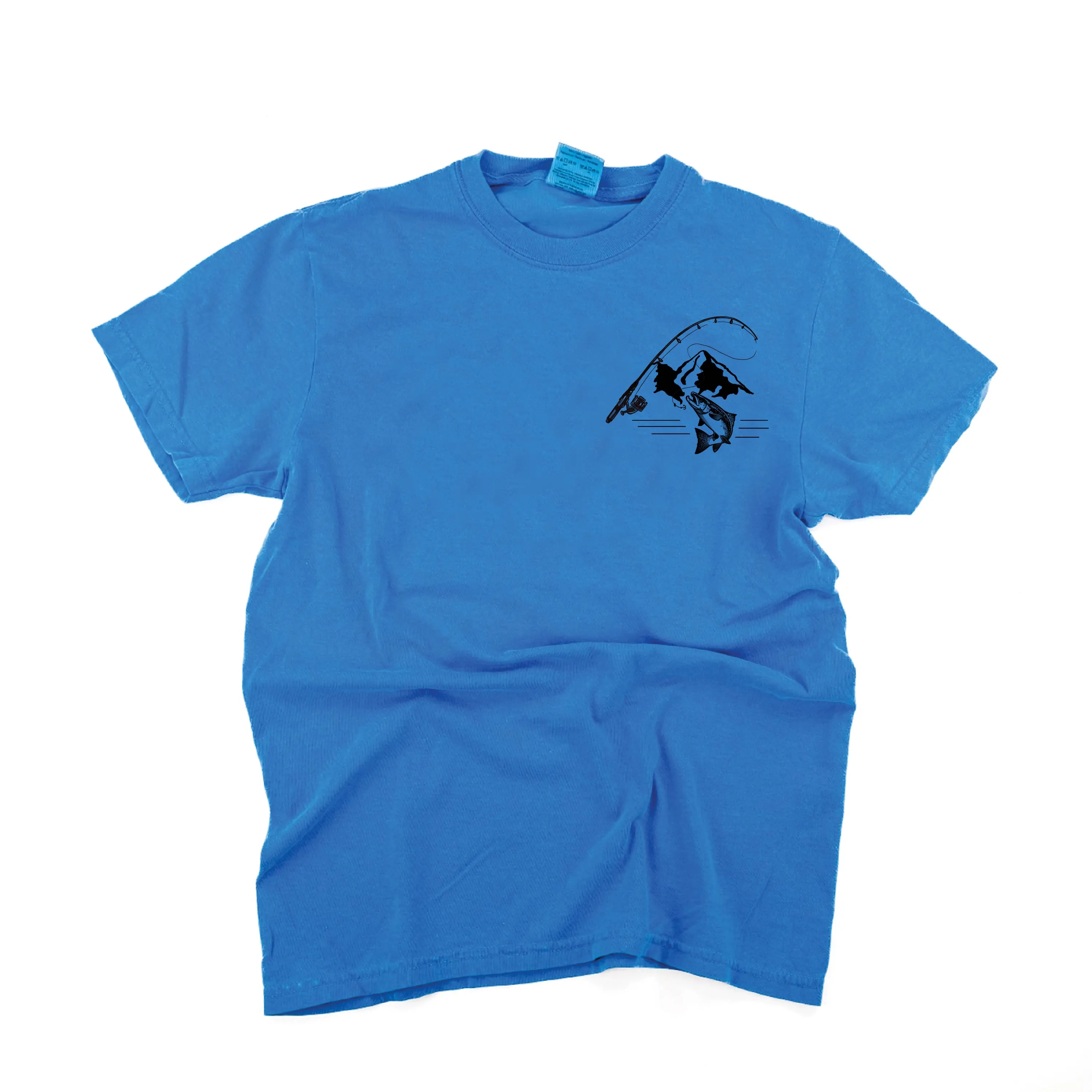 Mountain Fish & Pole Pocket Design on Front w/ FISH ON on Back - SHORT SLEEVE COMFORT COLORS TEE