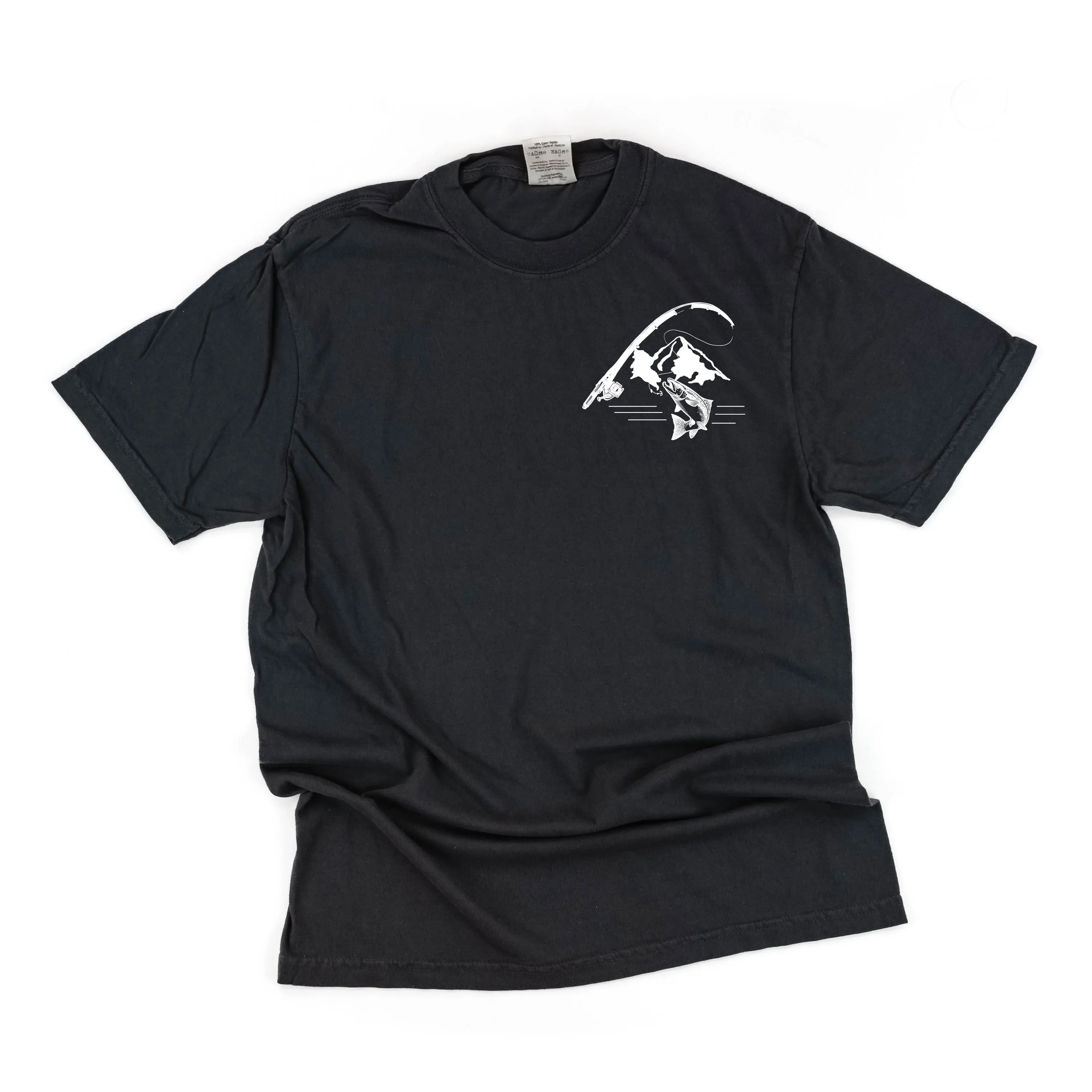 Mountain Fish & Pole Pocket Design on Front w/ FISH ON on Back - SHORT SLEEVE COMFORT COLORS TEE