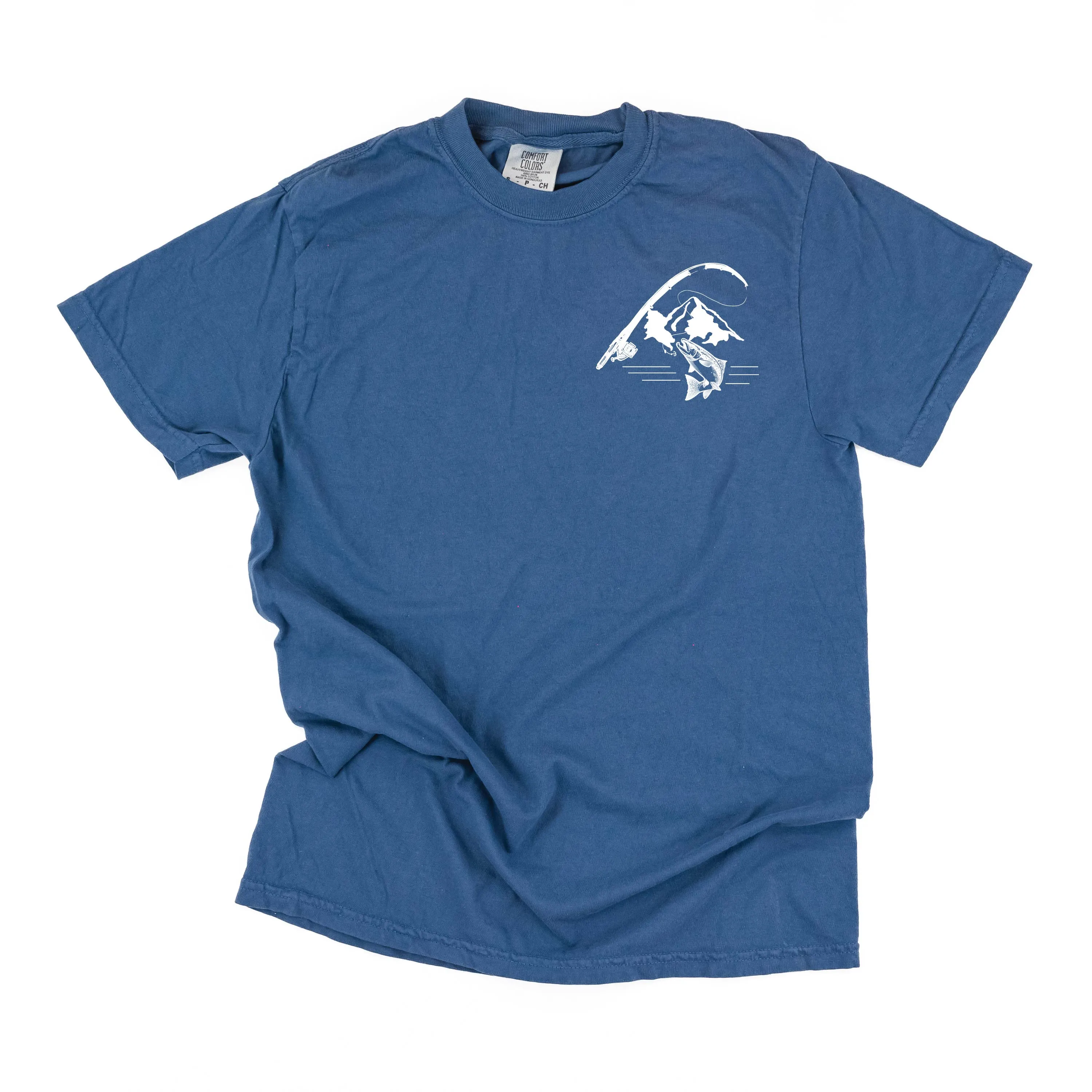 Mountain Fish & Pole Pocket Design on Front w/ FISH ON on Back - SHORT SLEEVE COMFORT COLORS TEE