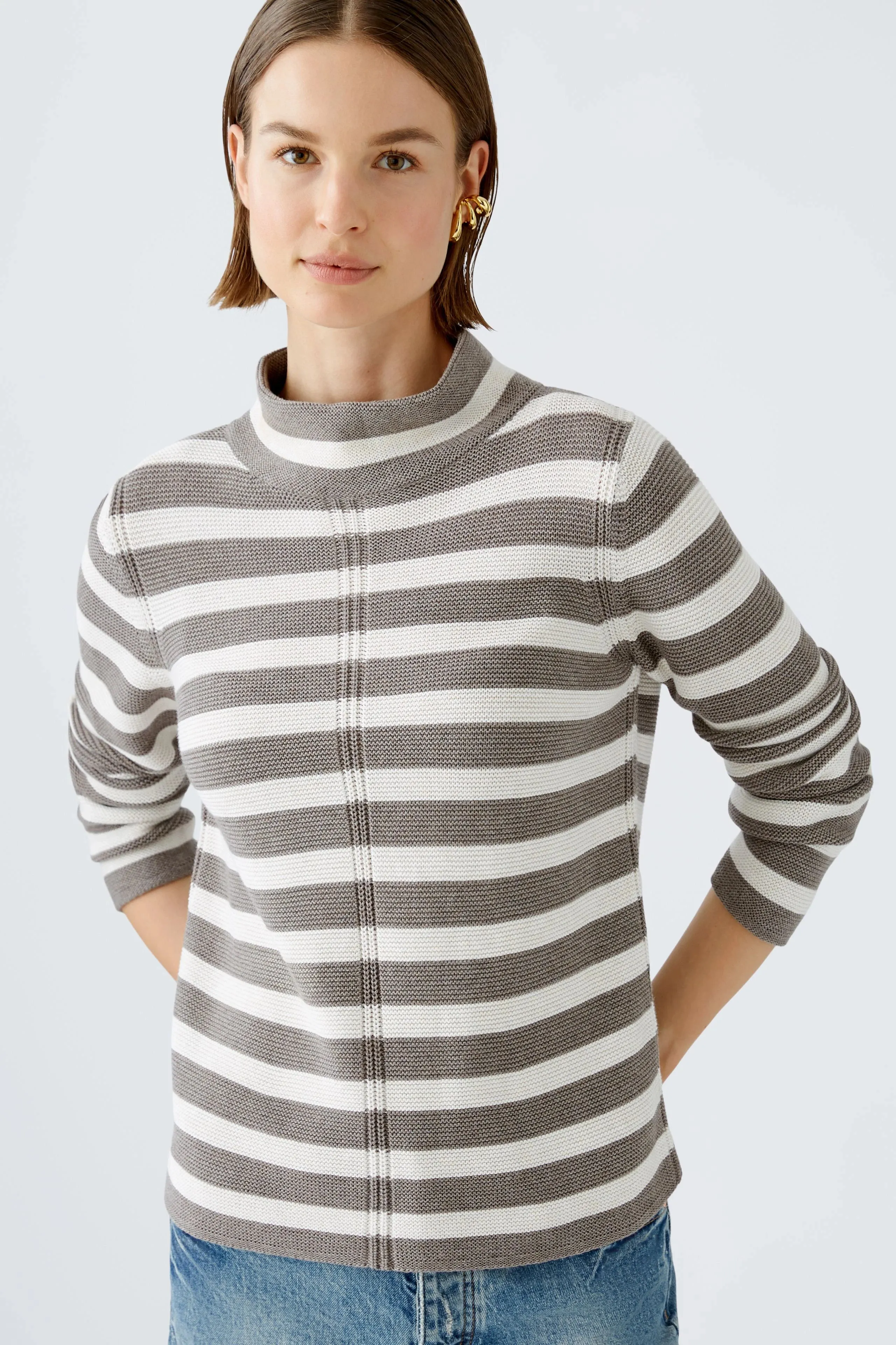 Oui Striped Cotton Mock Neck Sweater