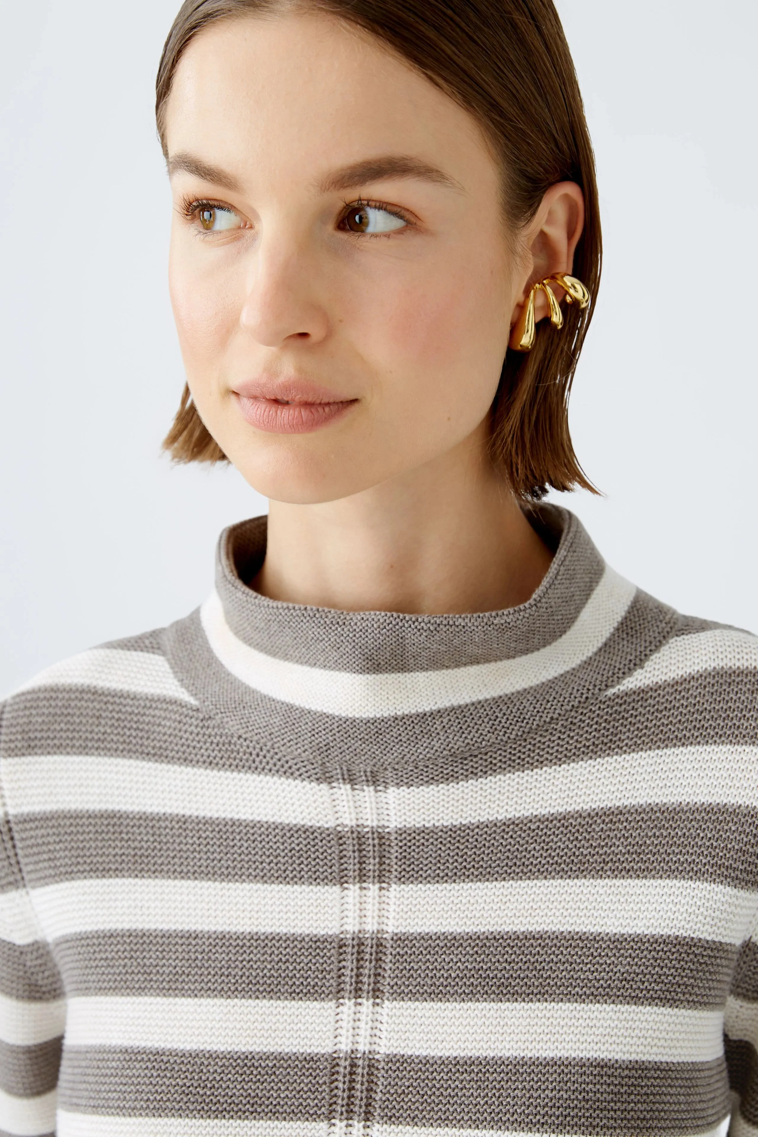 Oui Striped Cotton Mock Neck Sweater