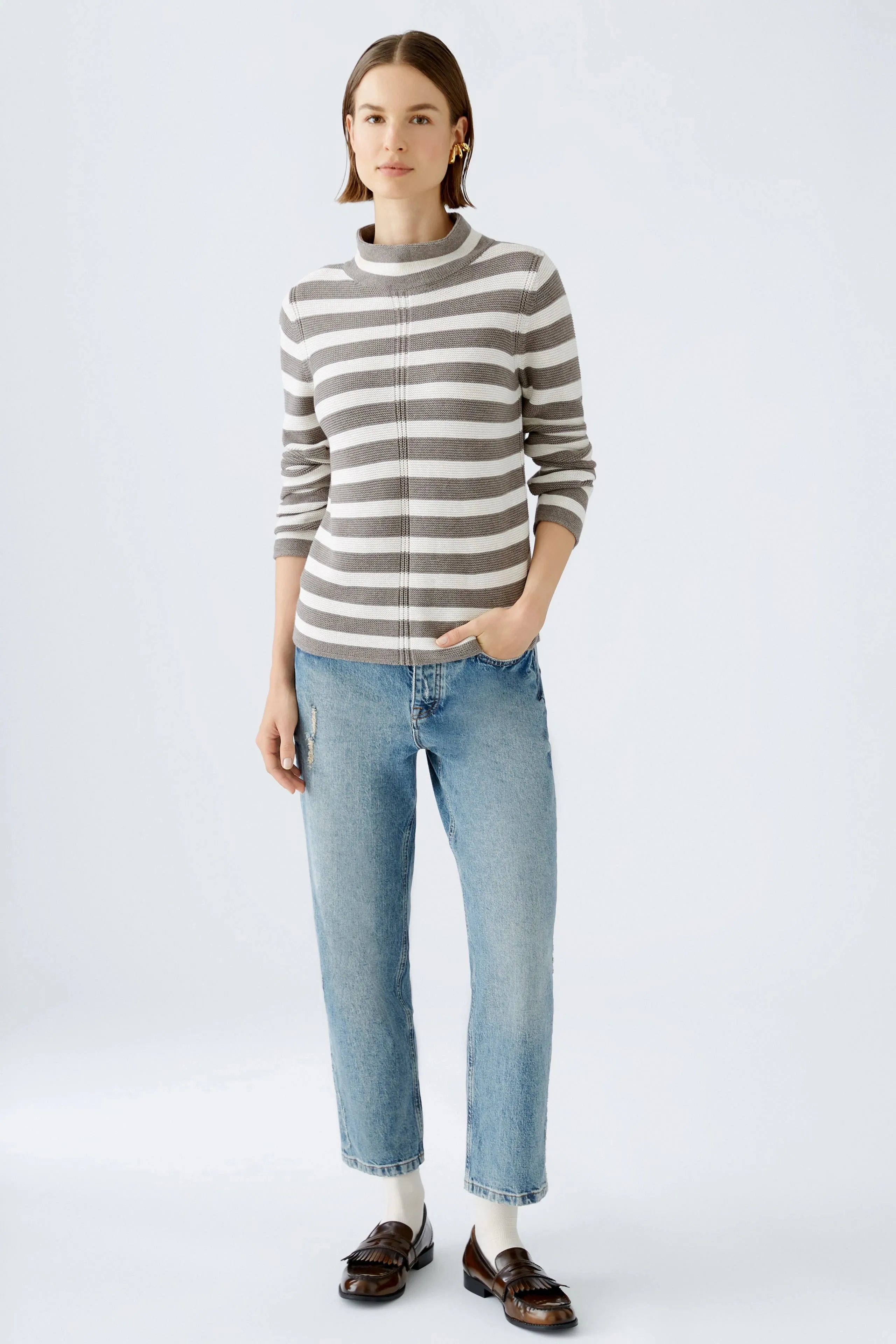 Oui Striped Cotton Mock Neck Sweater