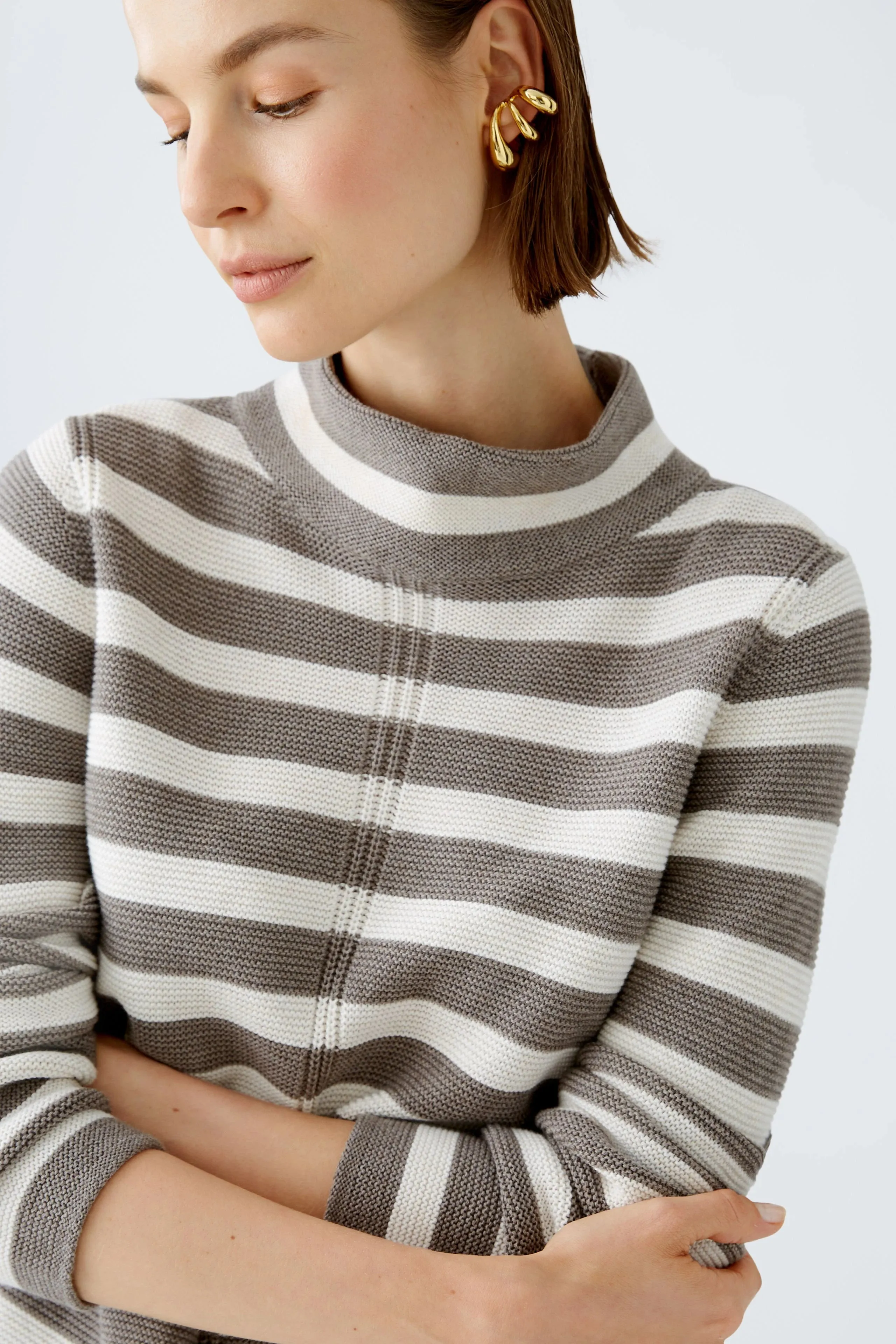 Oui Striped Cotton Mock Neck Sweater