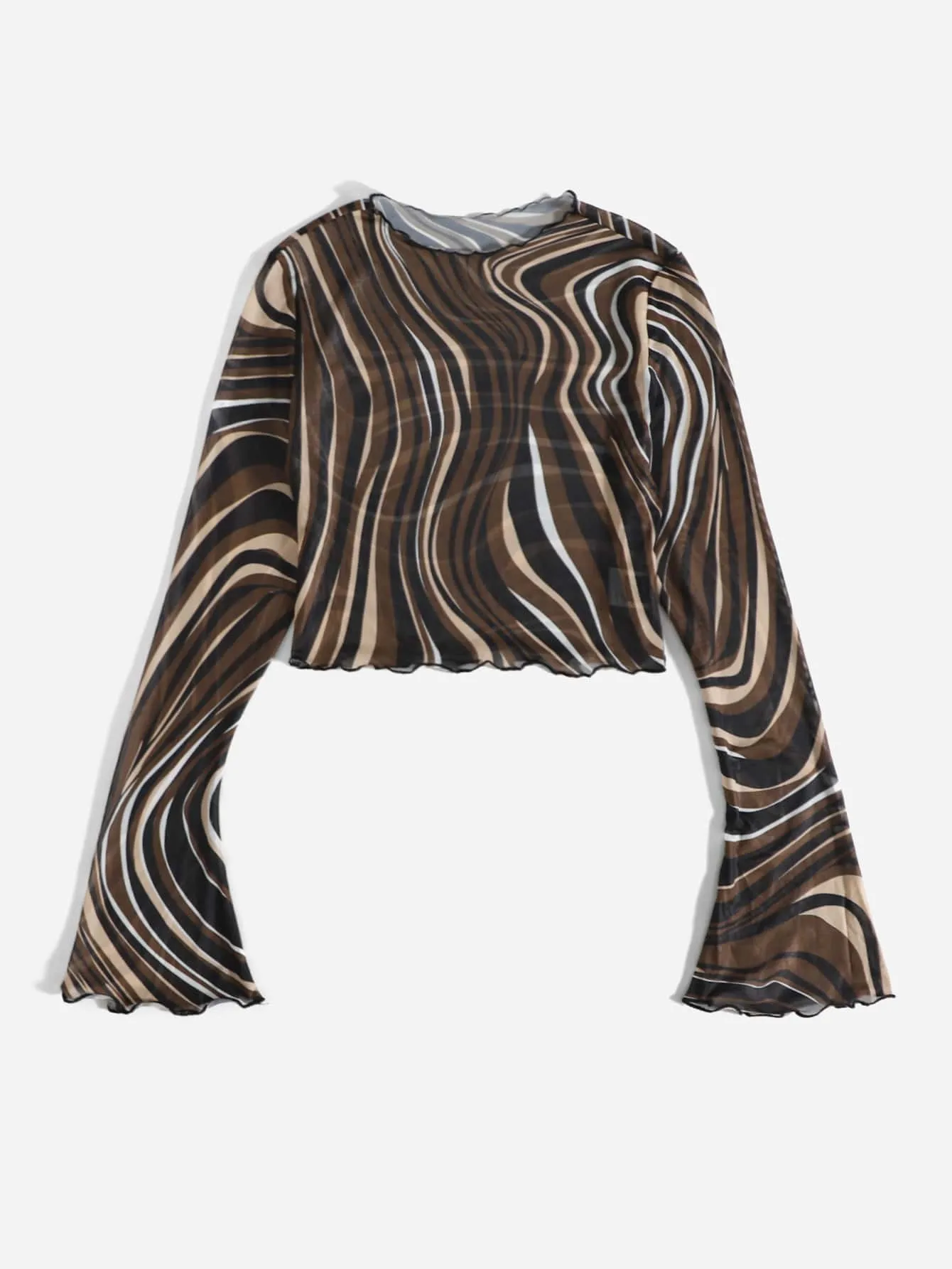 Parien Allover Print Flounce Sleeve Mesh Top