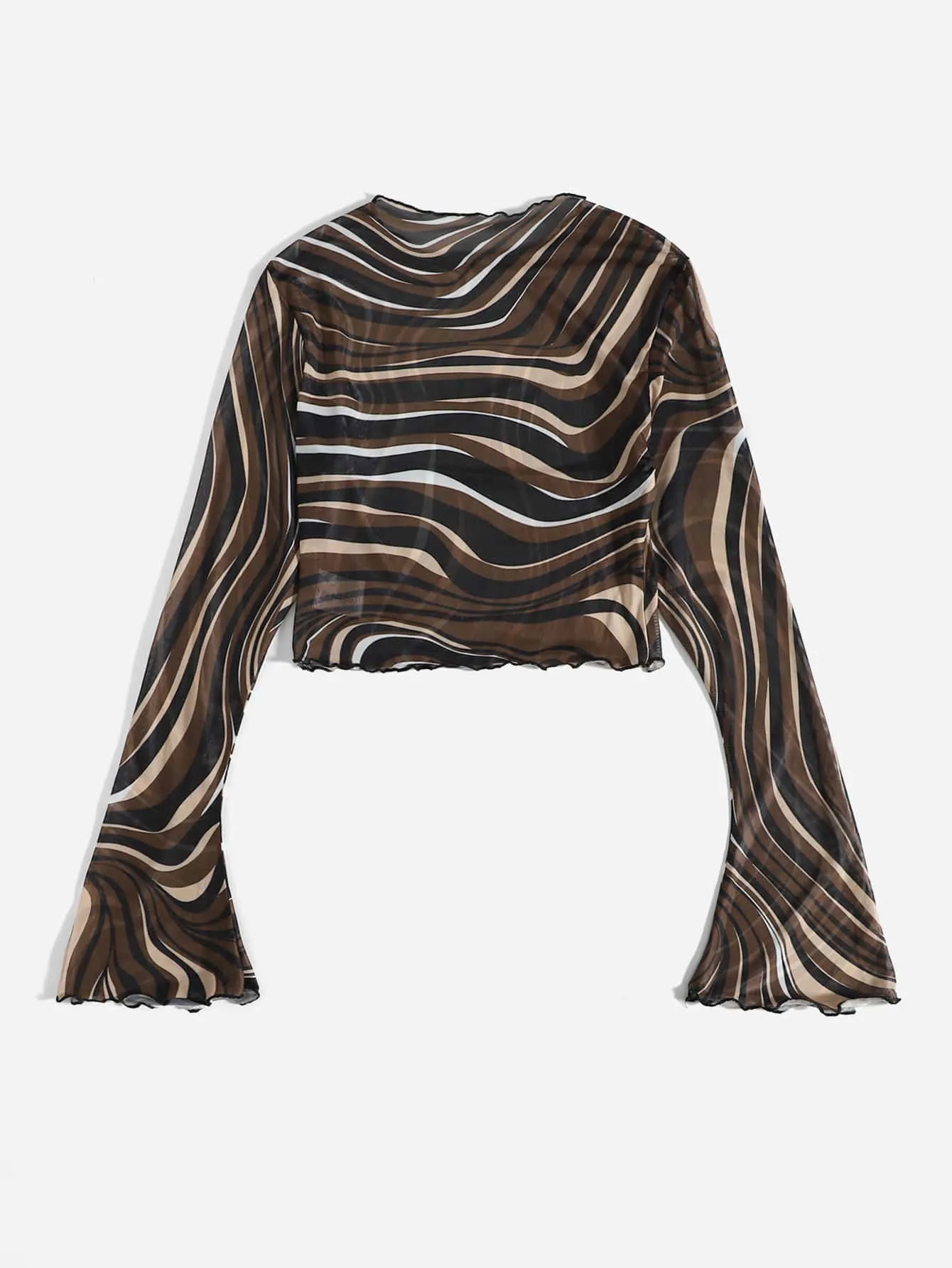 Parien Allover Print Flounce Sleeve Mesh Top