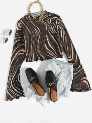 Parien Allover Print Flounce Sleeve Mesh Top