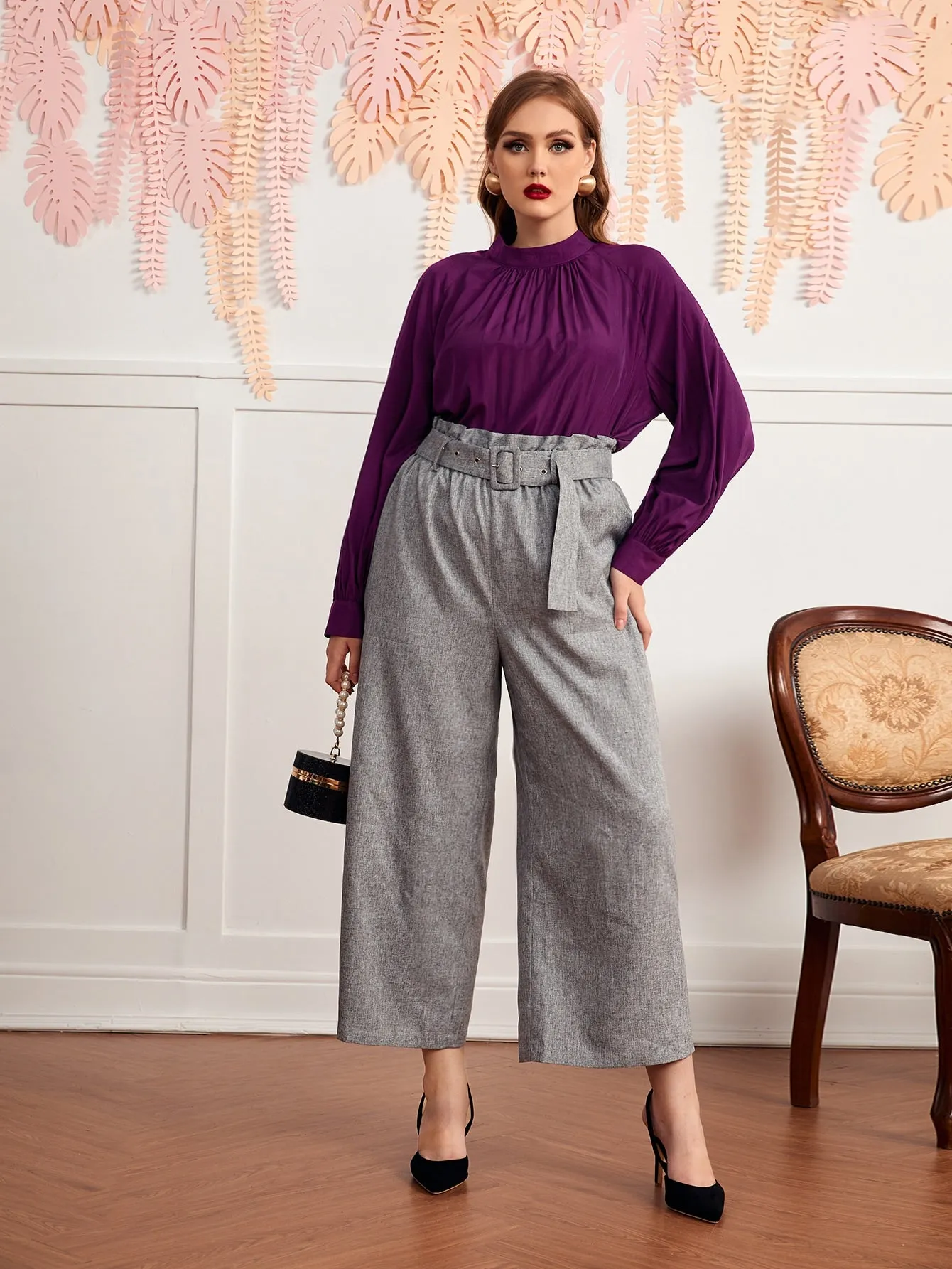Plain Button Long Sleeve Stand Collar Regular Plus Size Blouse