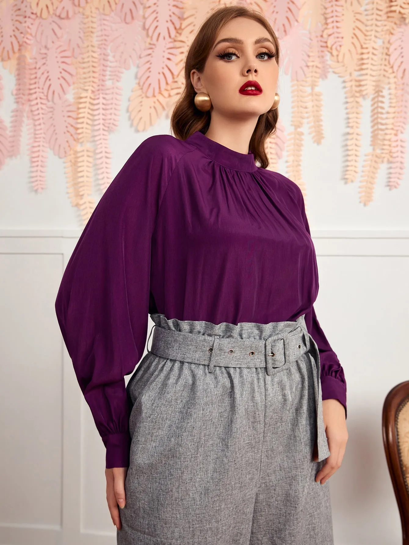 Plain Button Long Sleeve Stand Collar Regular Plus Size Blouse