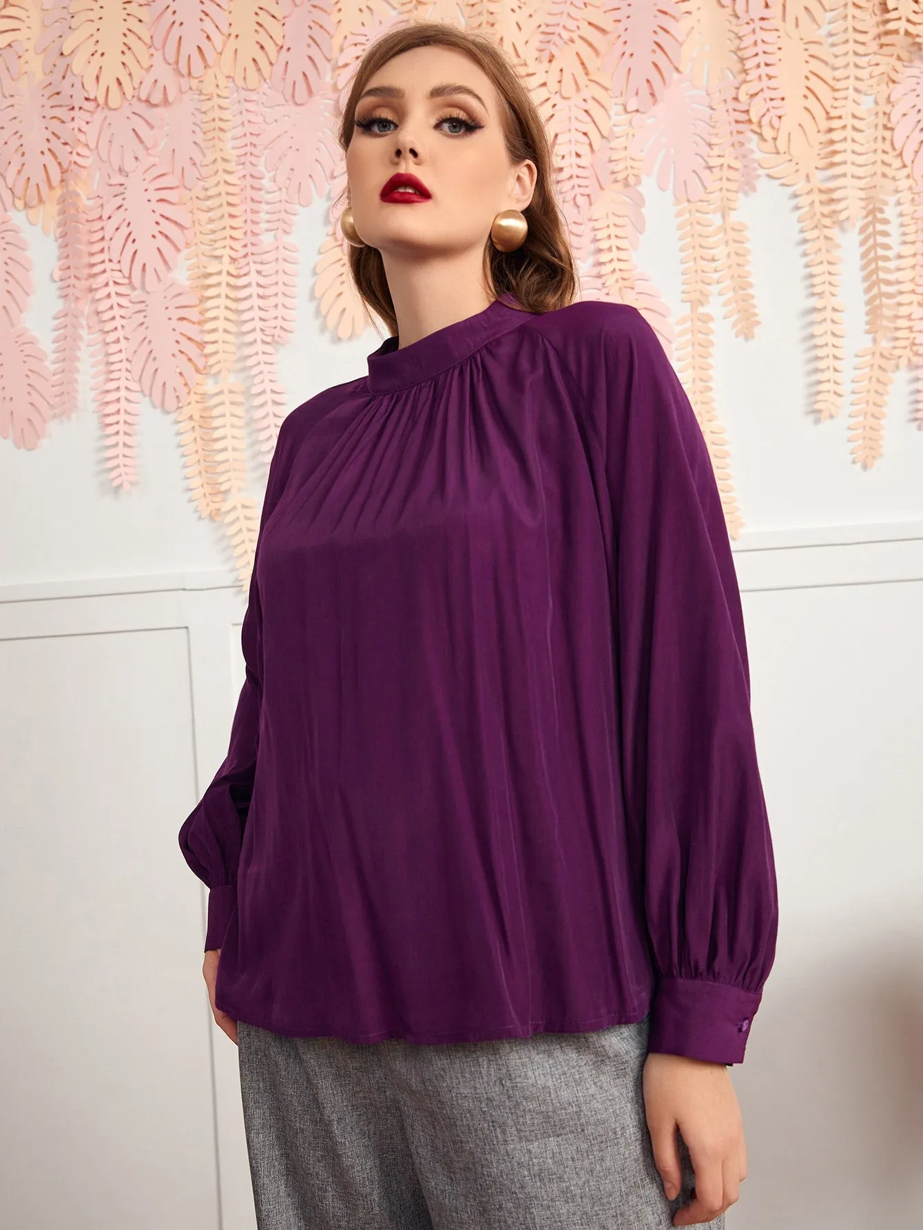 Plain Button Long Sleeve Stand Collar Regular Plus Size Blouse