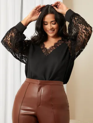 Plain Contrast Lace Long Sleeve V Neck Regular Plus Size Blouse