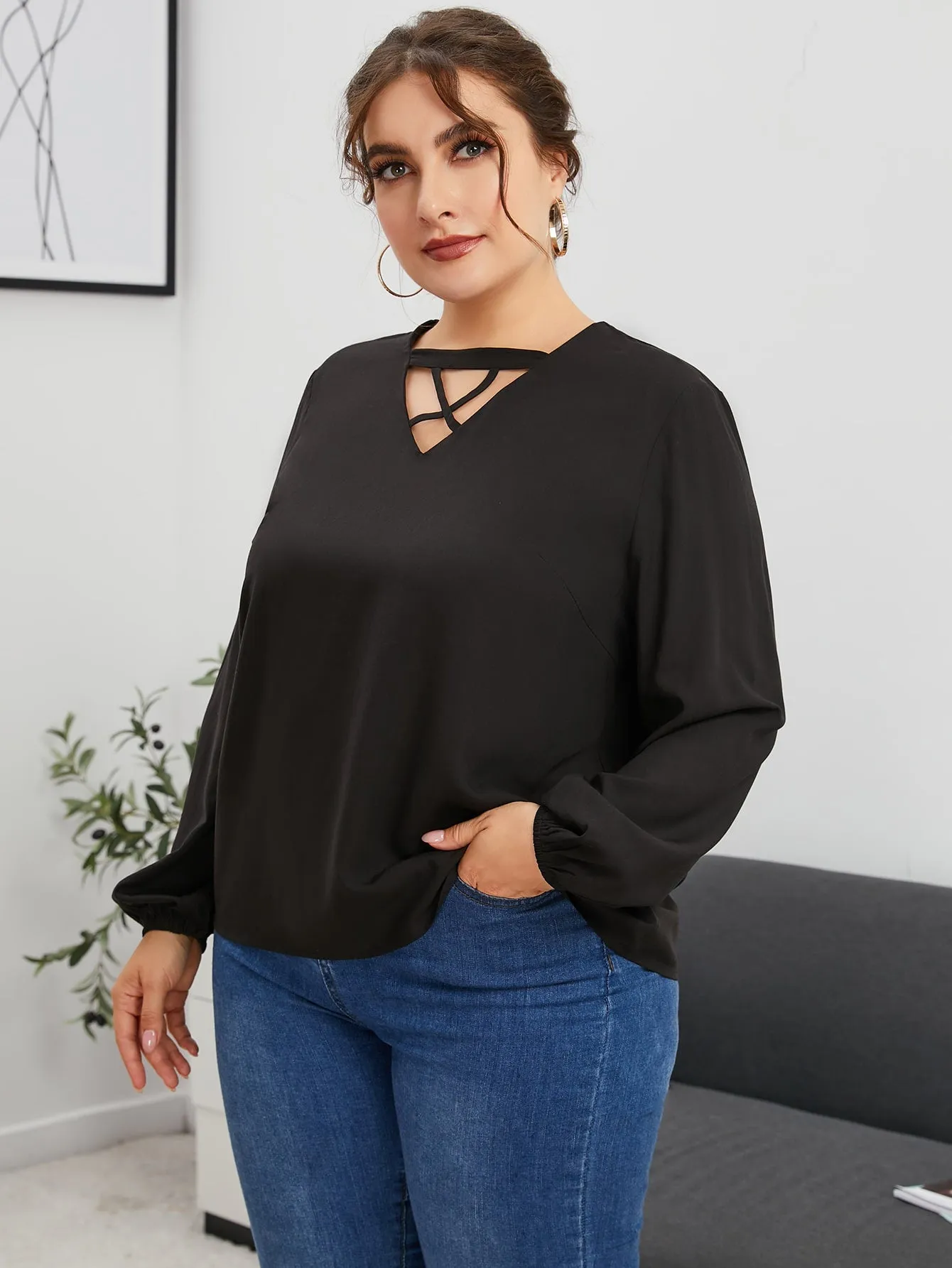 Plain Cut Out Long Sleeve Keyhole Neckline Regular Plus Size Blouse