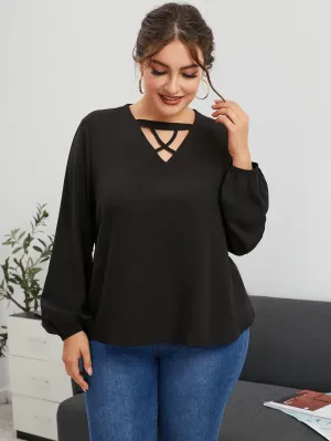 Plain Cut Out Long Sleeve Keyhole Neckline Regular Plus Size Blouse