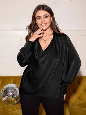 Plain Draped Long Sleeve Cowl Neck Regular Plus Size Blouse