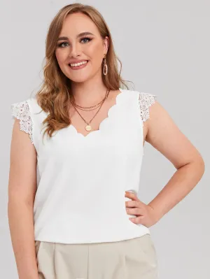 Plain Scallop Sleeveless V Neck Regular Plus Size Blouse