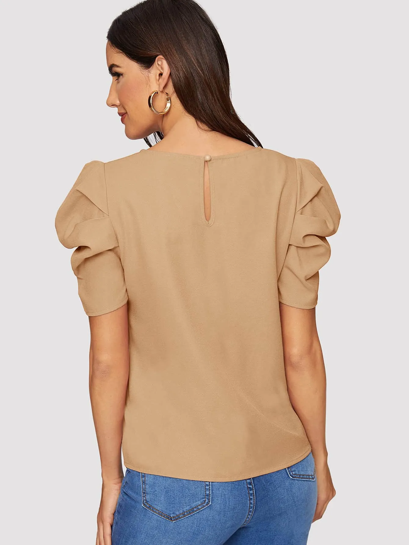 Pleated Puff Sleeve Solid Top