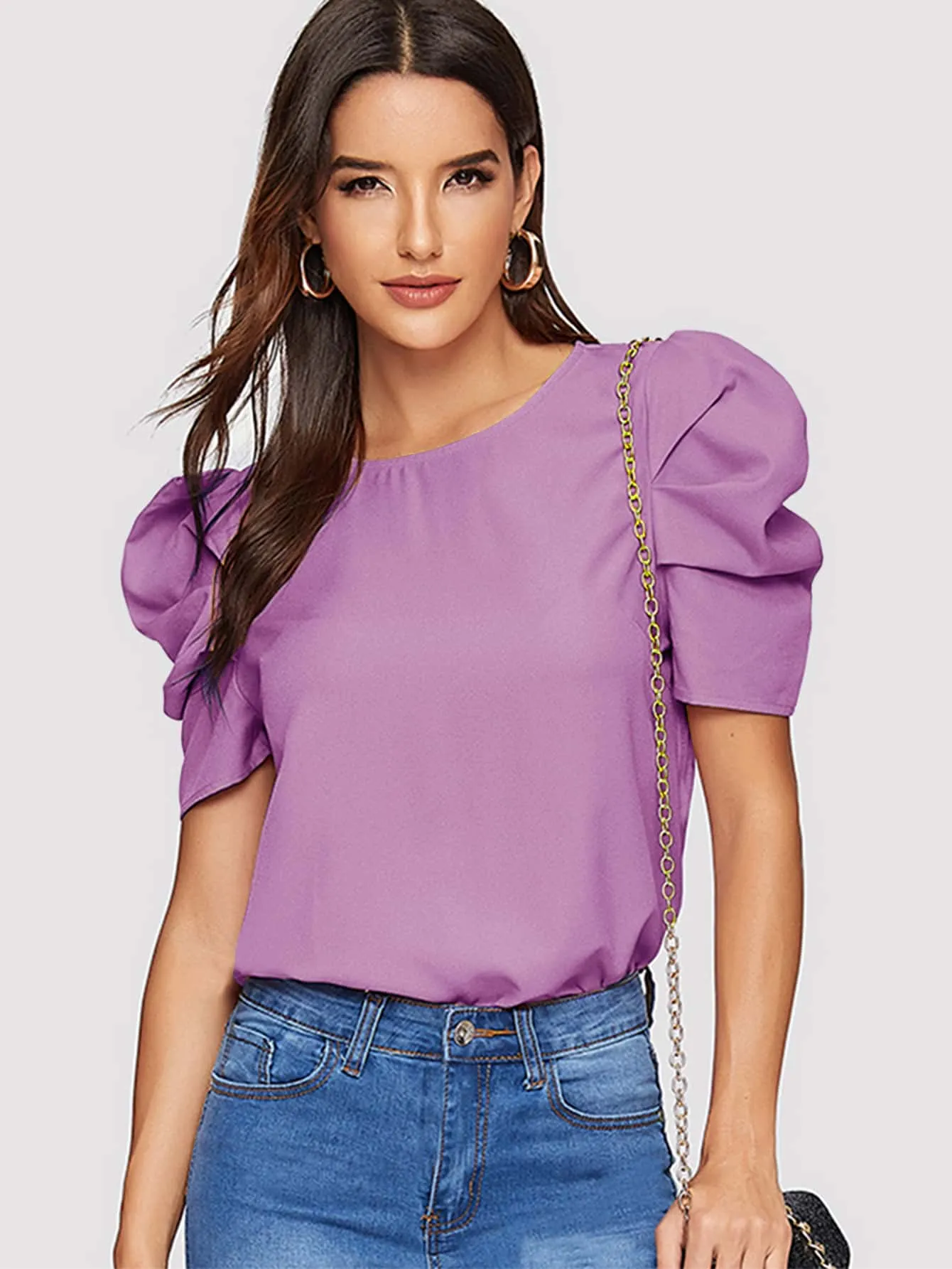 Pleated Puff Sleeve Solid Top