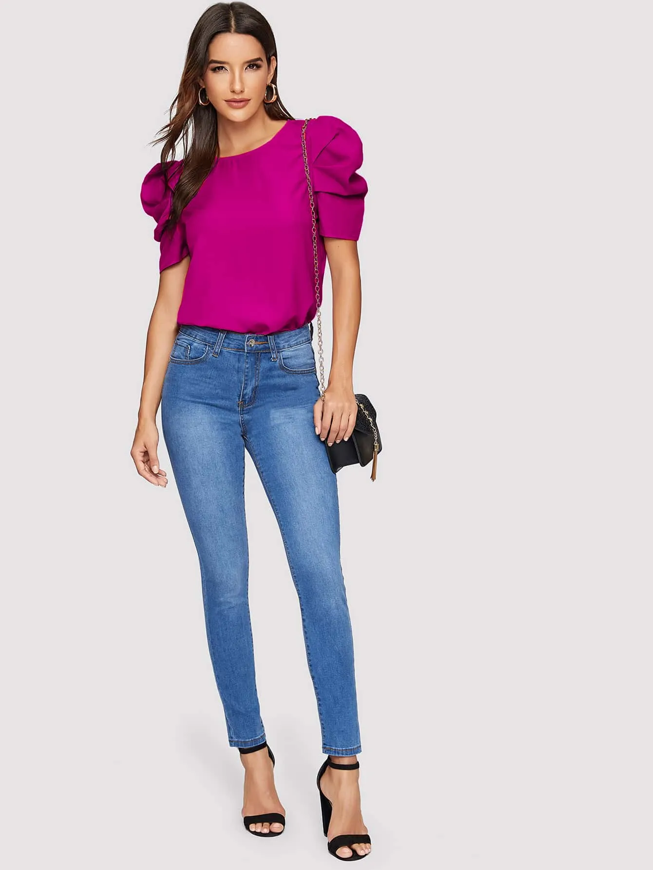 Pleated Puff Sleeve Solid Top