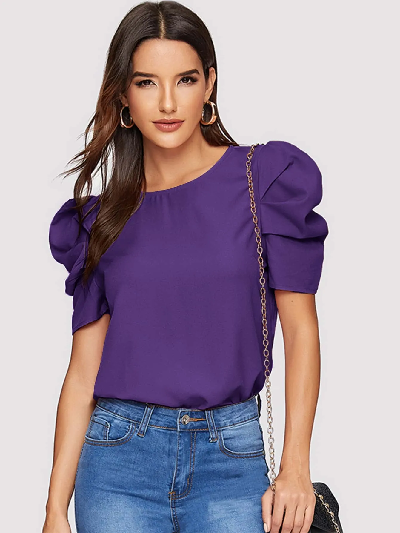 Pleated Puff Sleeve Solid Top