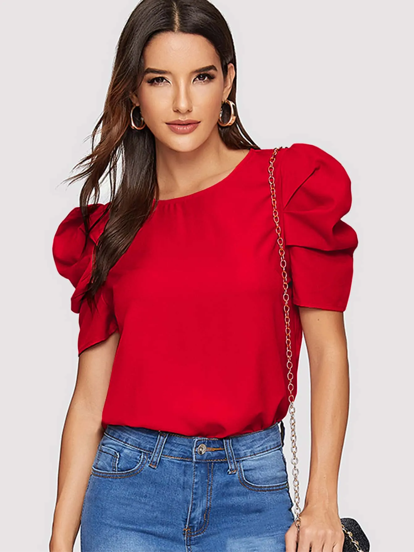 Pleated Puff Sleeve Solid Top