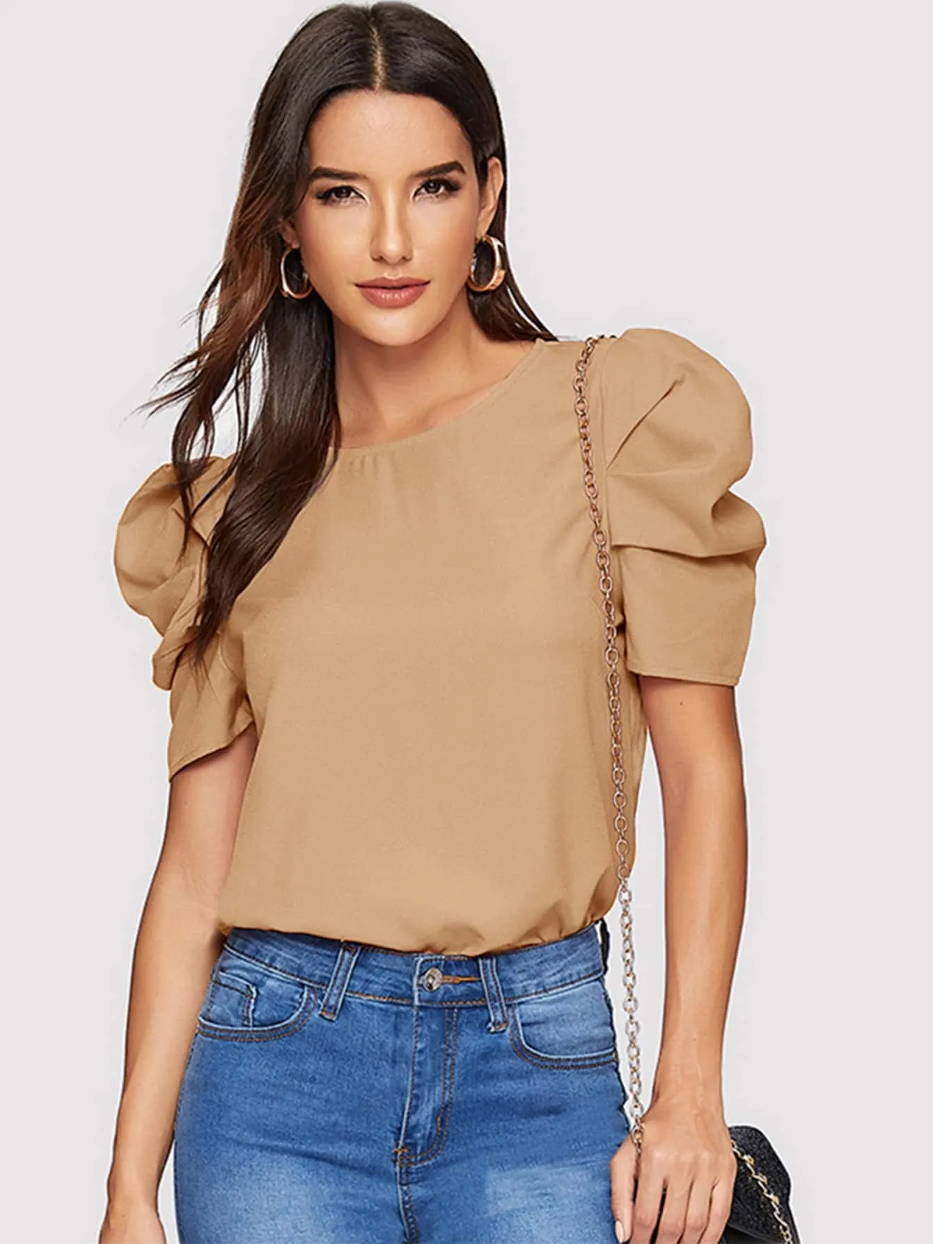 Pleated Puff Sleeve Solid Top