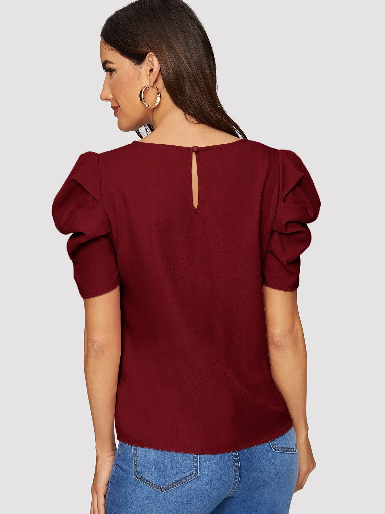Pleated Puff Sleeve Solid Top