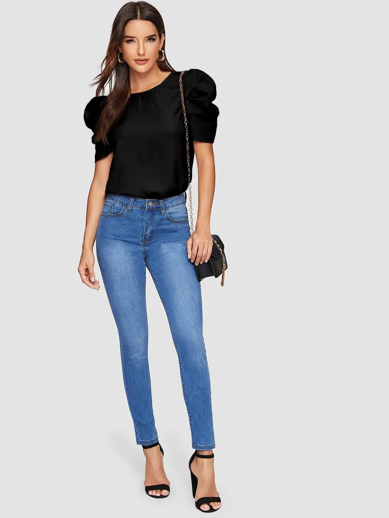 Pleated Puff Sleeve Solid Top