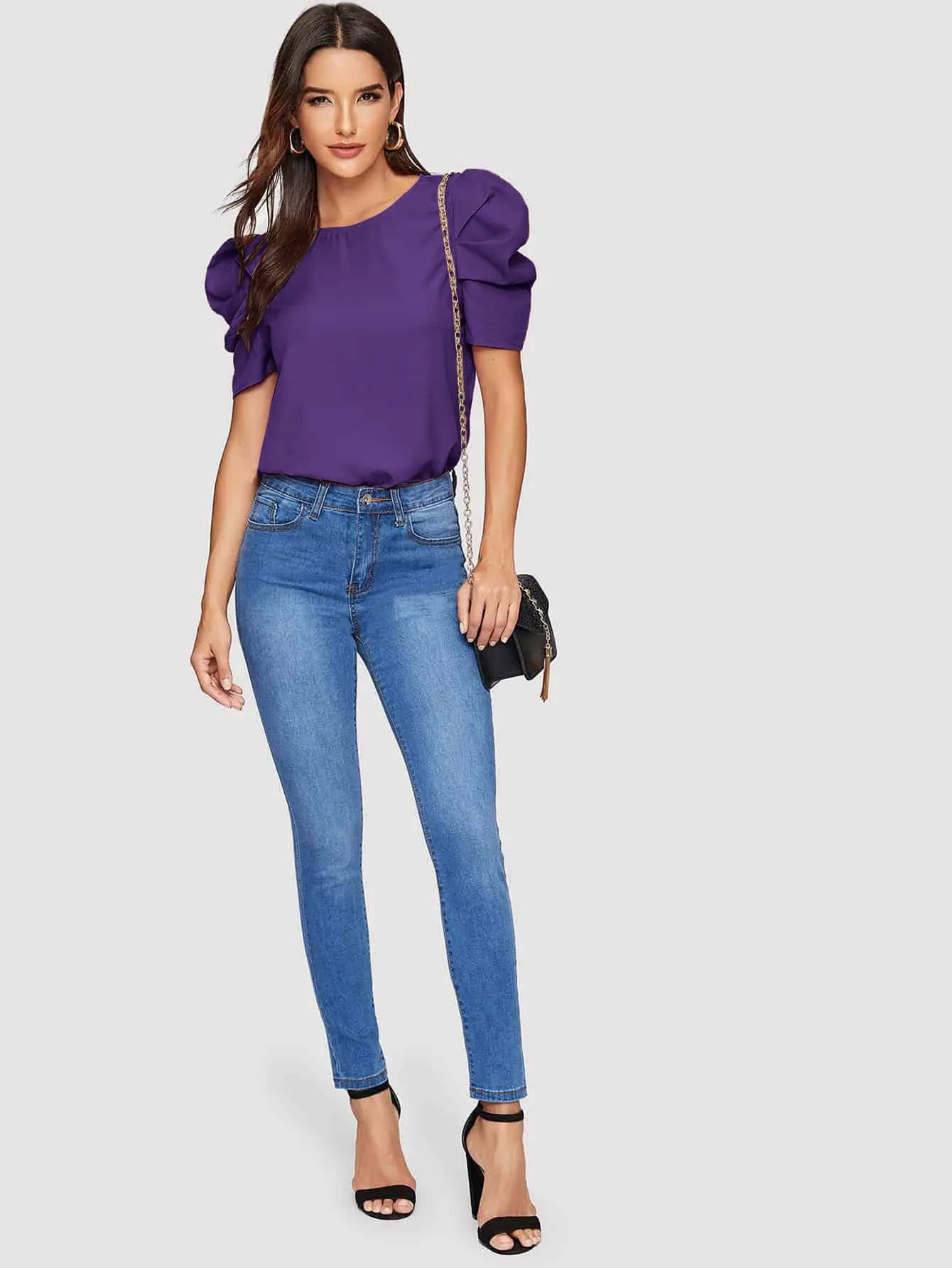 Pleated Puff Sleeve Solid Top