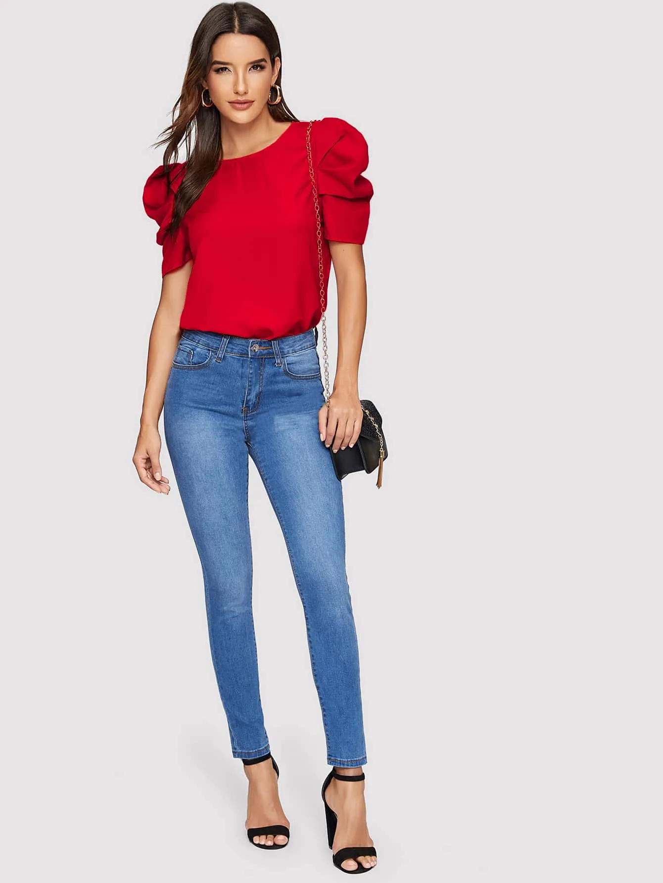 Pleated Puff Sleeve Solid Top