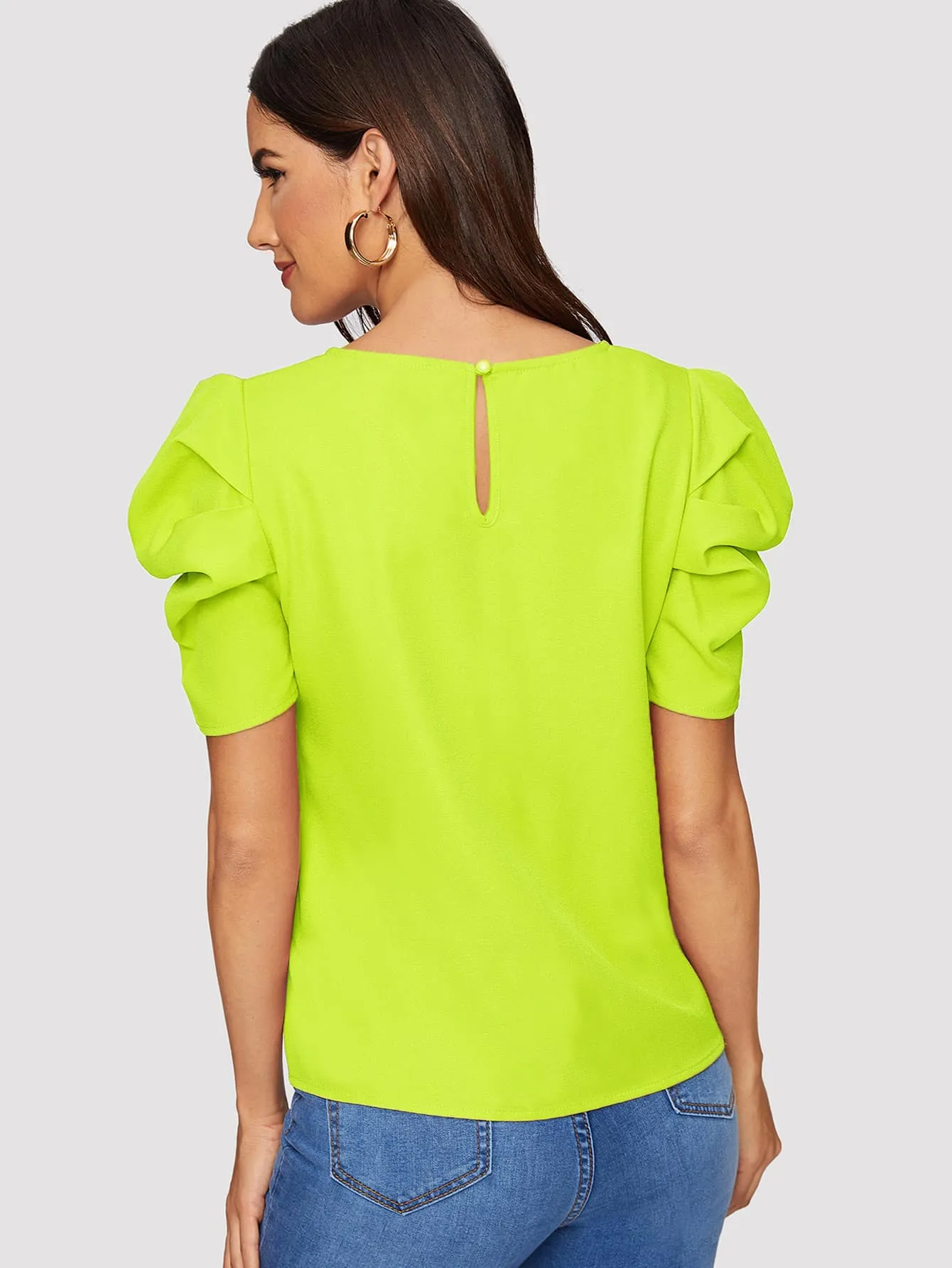 Pleated Puff Sleeve Solid Top