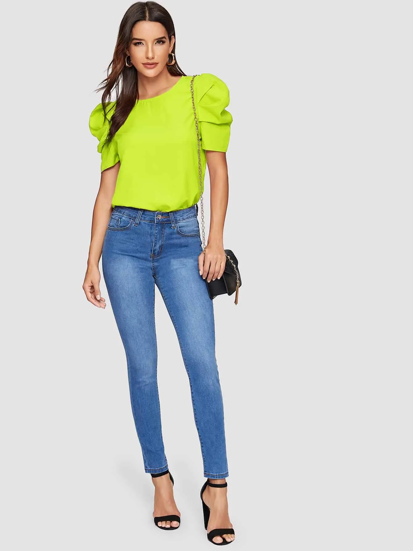 Pleated Puff Sleeve Solid Top