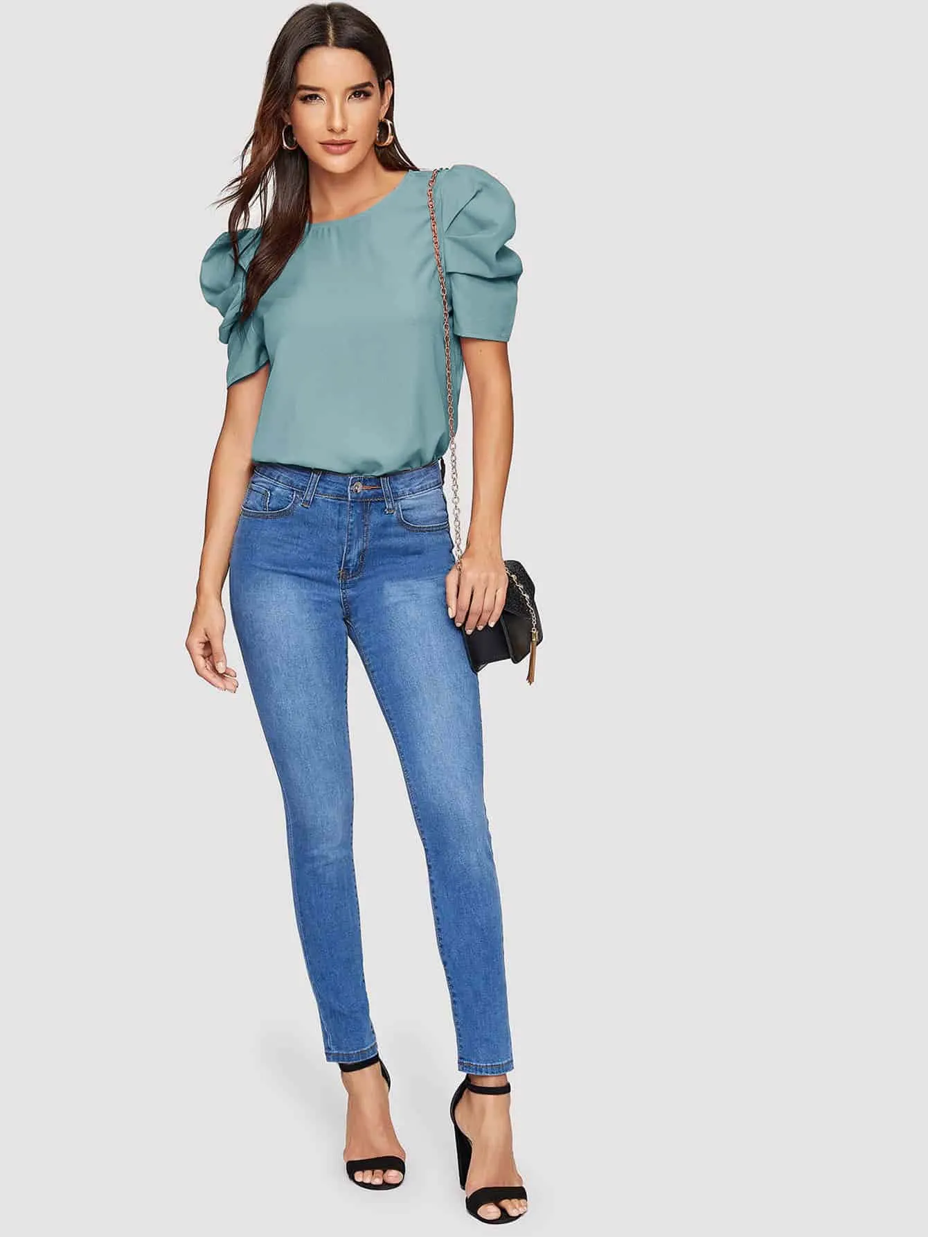 Pleated Puff Sleeve Solid Top