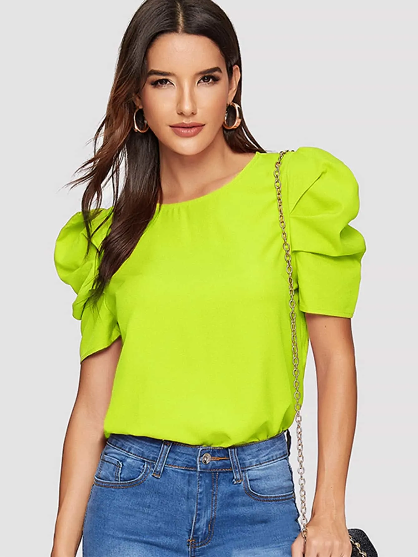 Pleated Puff Sleeve Solid Top