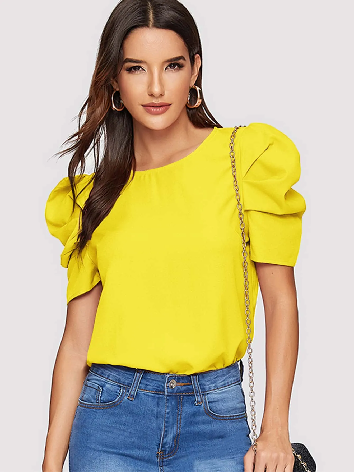 Pleated Puff Sleeve Solid Top