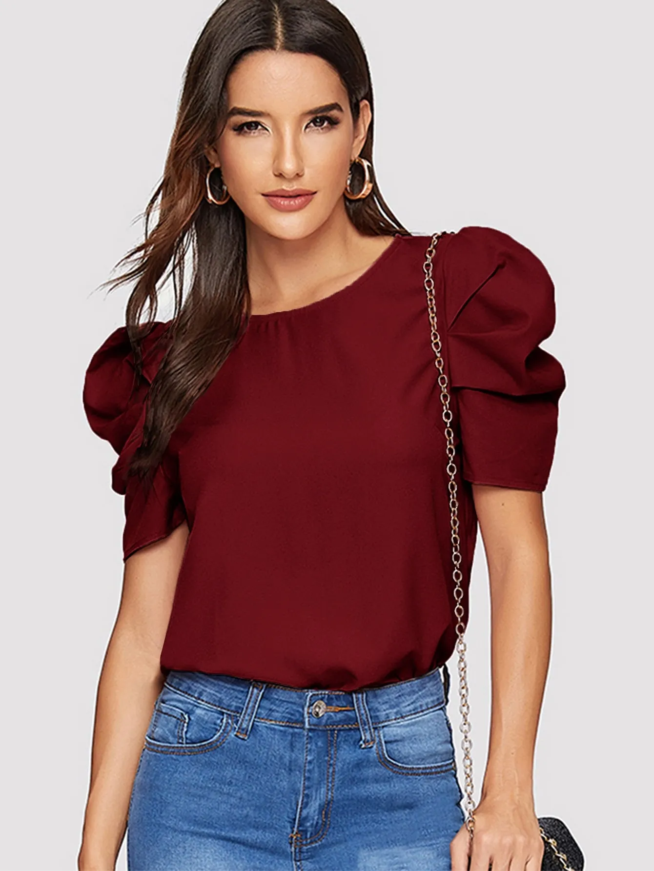 Pleated Puff Sleeve Solid Top
