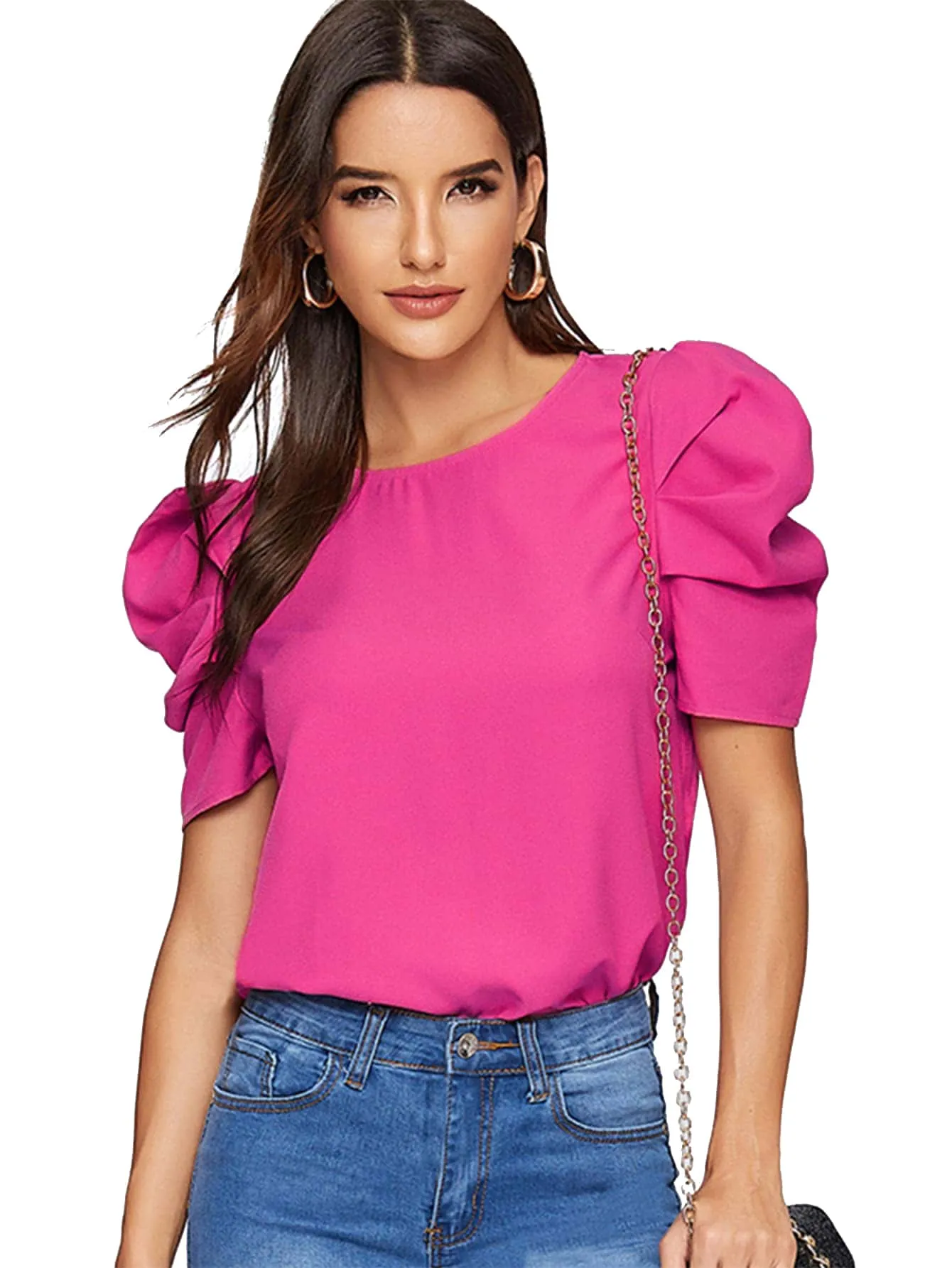 Pleated Puff Sleeve Solid Top