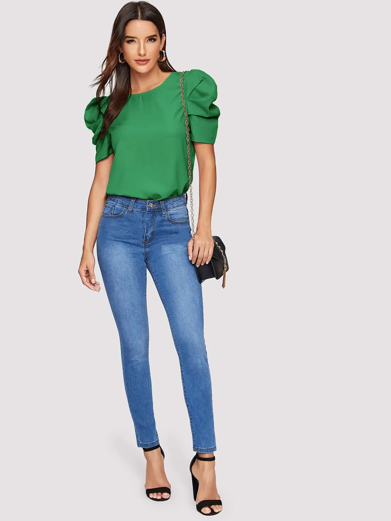 Pleated Puff Sleeve Solid Top