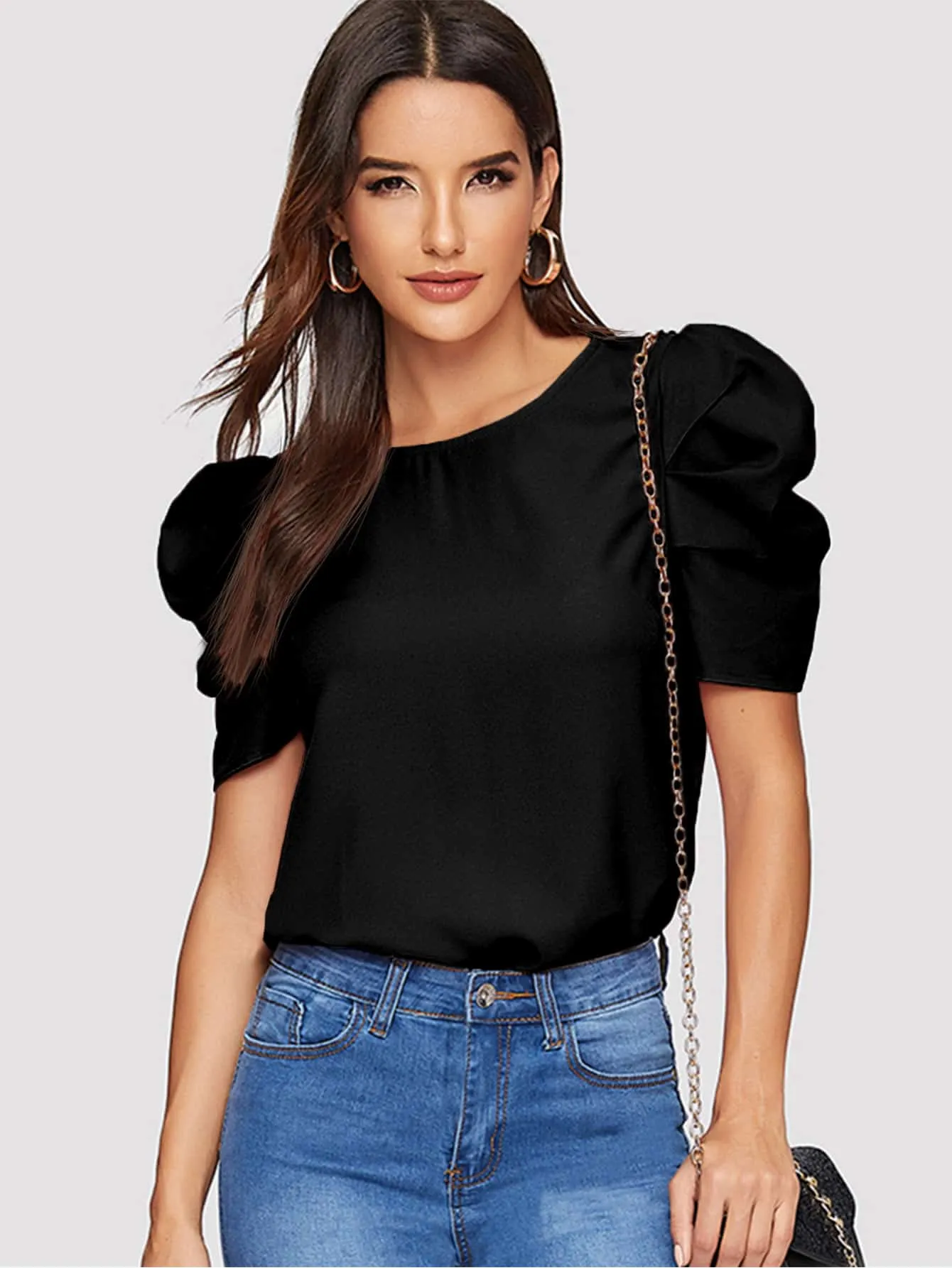 Pleated Puff Sleeve Solid Top