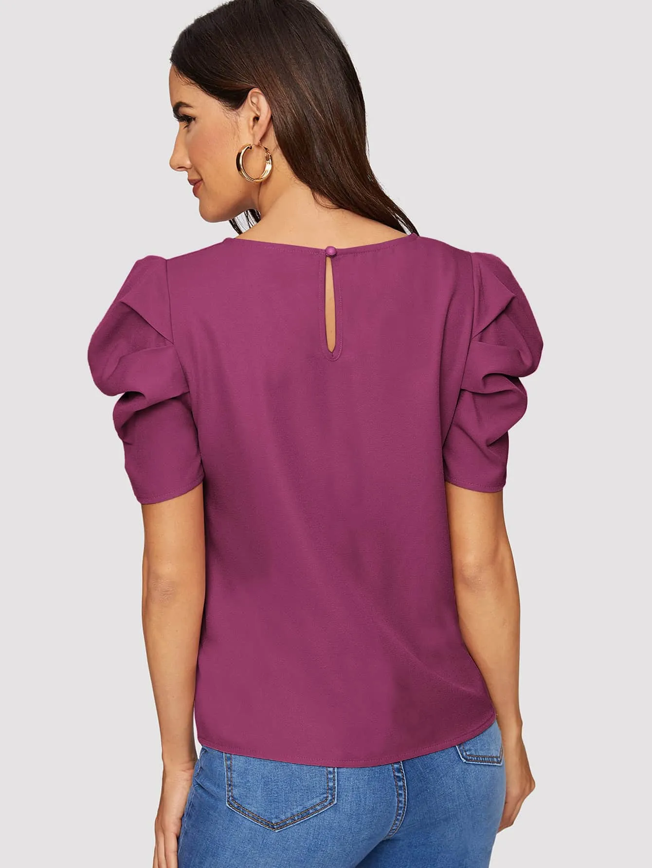Pleated Puff Sleeve Solid Top