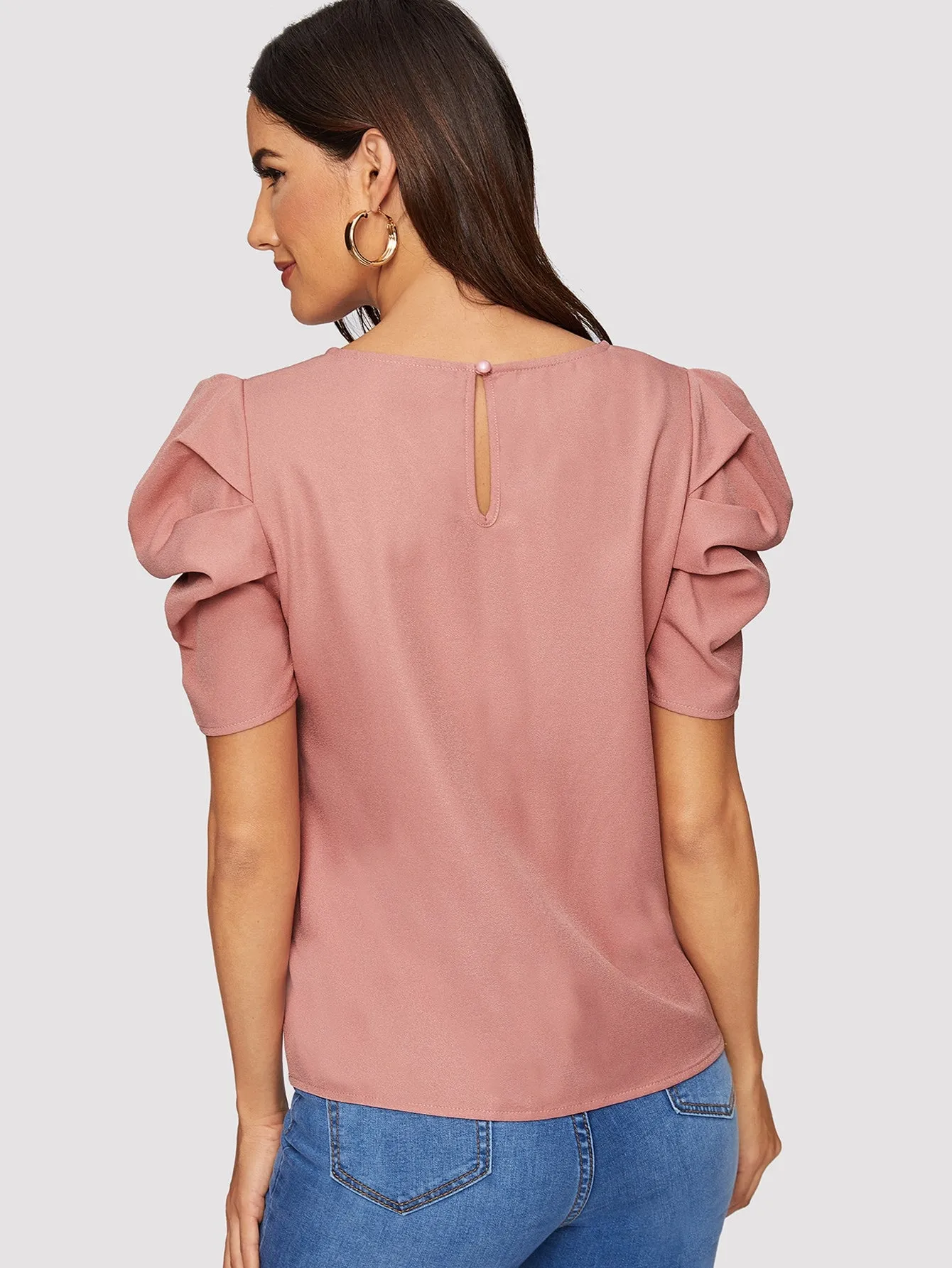 Pleated Puff Sleeve Solid Top