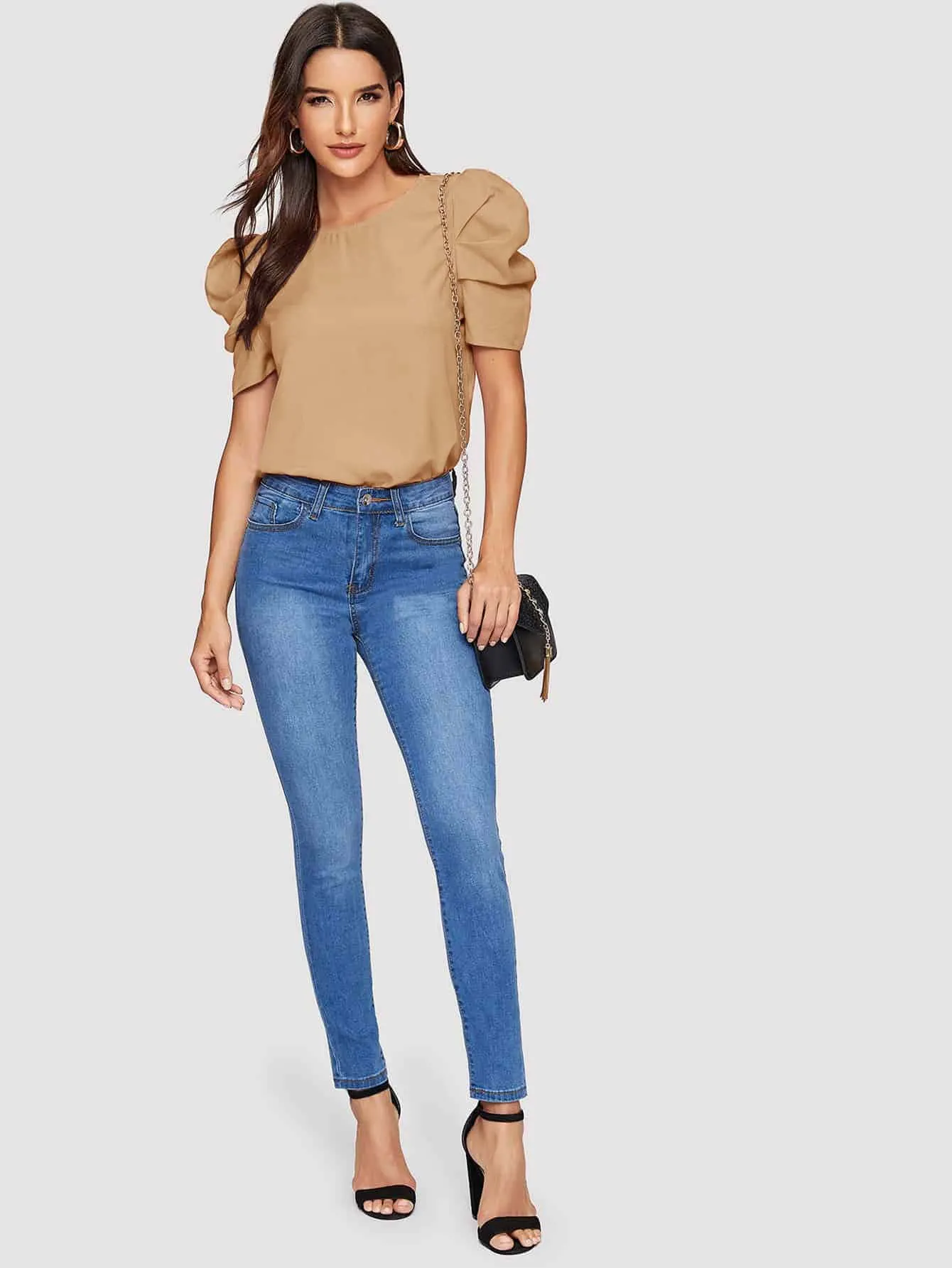 Pleated Puff Sleeve Solid Top