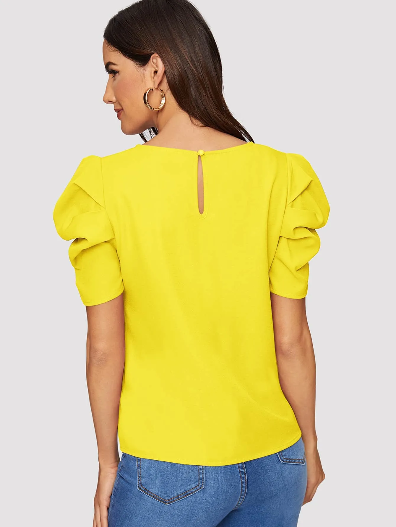 Pleated Puff Sleeve Solid Top