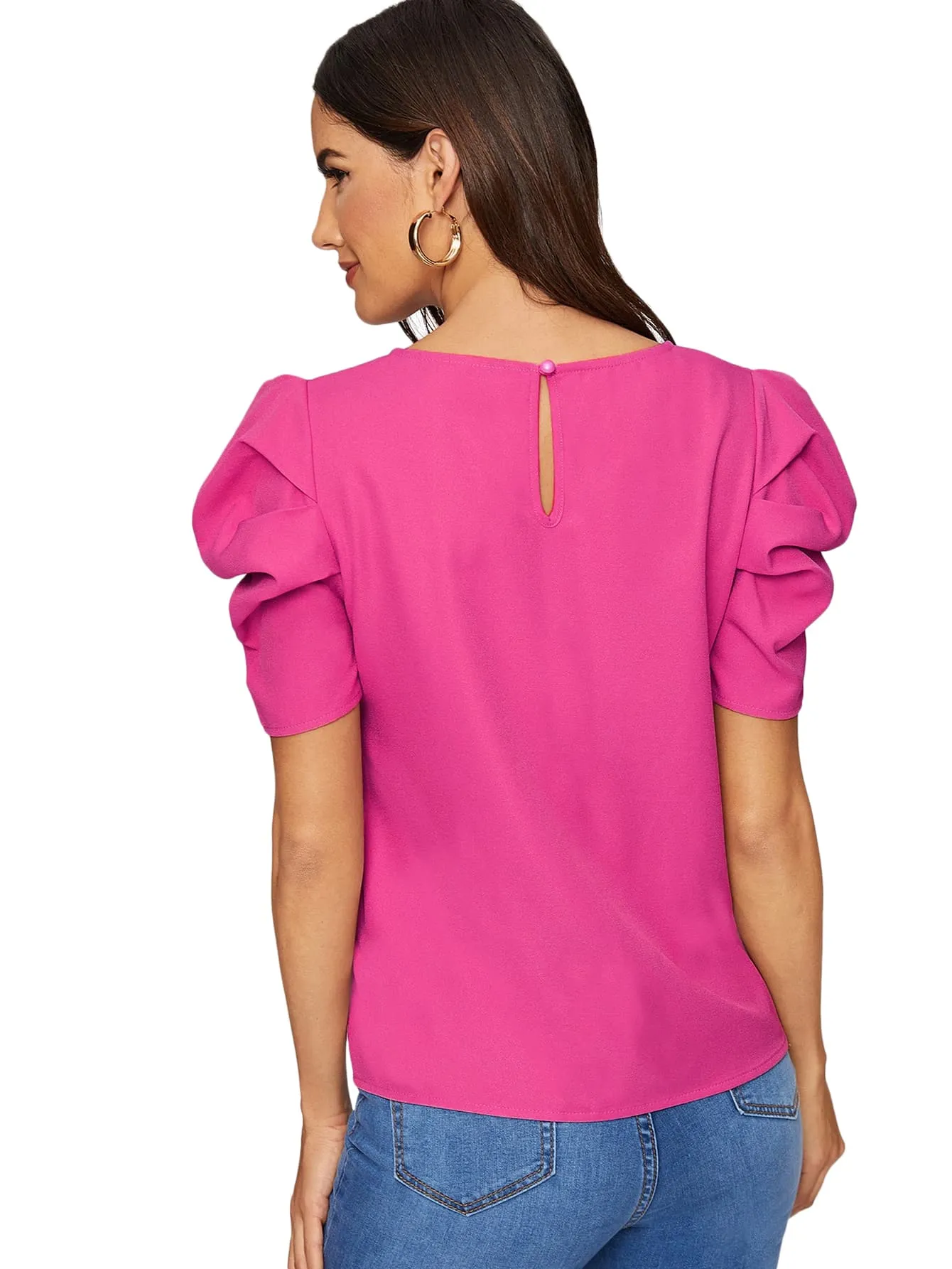 Pleated Puff Sleeve Solid Top