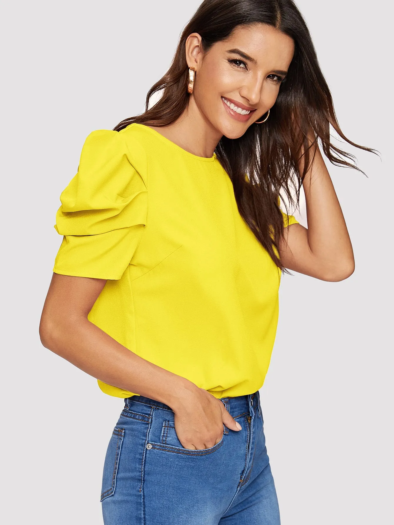 Pleated Puff Sleeve Solid Top